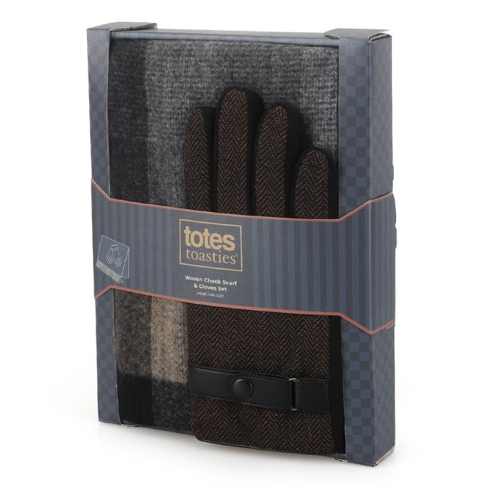 totes toasties® Mens Woven Check Scarf & Herringbone Gloves Set Brown / Grey  Extra Image 1